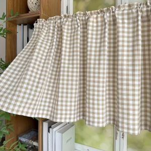 Beige Gingham Cafe Curtain Short Window Drapes Valance for Kitchen Bookshelf Farmhouse Light Filtering Rustic Decor