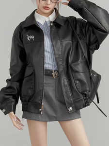 Áo Khoác Da PU Màu Đen Thời Trang Nữ Đầu Thu Đa Năng Phong Cách Mỹ Lười Biếng Áo Khoác Xe Máy Áo Khoác Bóng Chày