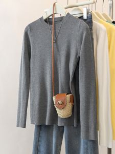 2025 New Style Ruched Grey Knitted Base Shirt Slim Fit round Neck Sweater Inner Wear Top for Autumn Winter Commute Korean Version