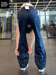 YOULIN | Navy Checkered Casual Ice Silk Summer Quick-Dry Flare Pants