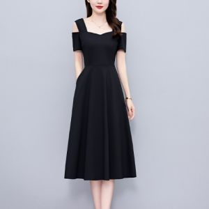 Hebe Style Black Shoulder Bared Dress Women Summer New High End plus Size Slimming Elegant Little Black Dress a Line Long Skirt