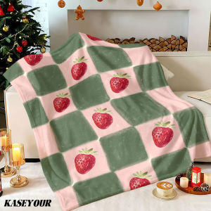 Beast Kingdom | Pink Checkered Strawberry Winter Summer Flannel Blanket Throw Fleece Soft Fuzzy Plush Cozy Fleece Blankets for Sofa Ideal Gifts