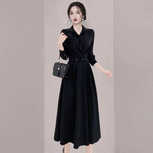 ชุดเดรสสูทผู้หญิงสีพื้นแขนยาวทรงหลวมสไตล์สตรีทสไตล์เกาหลีฤดูใบไม้ผลิและฤดูใบไม้ร่วง