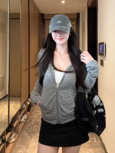 American Retro Lazy Relaxing Hooded Open Cardigan Autumn Casual Long Sleeve Womens T-Shirt Striped Color Block Top Coat