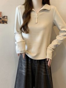 Fall 2024 New Arrival Half Zipped Stand Collar Long Sleeves T-Shirt Female Plus Size Ladies Plus Size Silm Thickened Warm Base Top