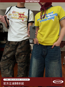 WaynePrince Korean Style Spliced Color Block Print Short Sleeve Couple T-Shirt Retro Short Top Cotton Youth Fashion Summer Wear