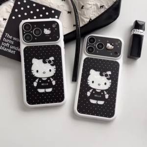 Sanrio | Ốp Điện Thoại iPhone 15/16/17 Pro Max Chống Sốc Silicon Họa Tiết Chấm Bi Đen Hello Kitty Kèm Dây Đeo Bảo Vệ Ống Kính Dễ Thương