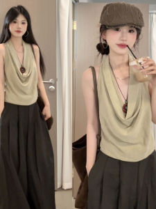 BINKAFENNY | เสื้อกั๊กแขนกุดเปิดหลังเซ็กซี่สำหรับผู้หญิงในช่วงฤดูร้อน เสื้อคลุมกันหนาวแบบสวมคอวี ดีไซน์เก๋ไก๋ ไม่มีแขน ทรงสลิมฟิต