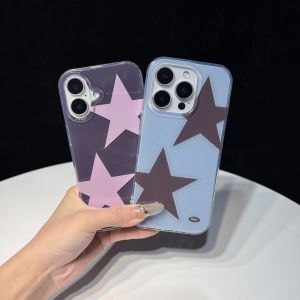 Fashion Y2K Style Blue Pink Big Five-Pointed Star Plaid Glossy Phone Case Suitable for iPhone 17 17 Pro 16 15 14 13 Pro Max
