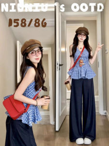 Korean Style Blue Plaid V-Neck Sleeveless Strap Vest Womens Summer Slimming Beautiful Top Breathable Splice Design Casual Shirt