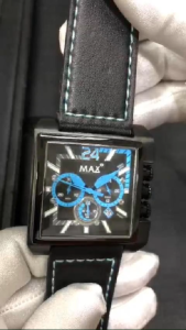 Max Grand Prix Square Chronograph Black Dial Blue Accents Leather Strap Mens Watch 40x45mm 5-MAX526