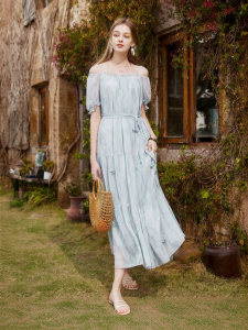 XIANGYING | Romantic Vacation Style Plant Print Waist Cinching Dress