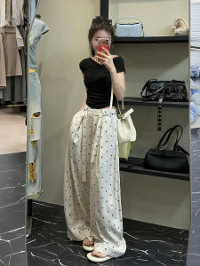XUECAIQI | Unique Korean Style Waist Cinching Sleeveless Top with Dots Wide-leg Pants Womens Outfit
