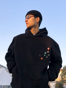 Thrillscrew Fastener Decoration Hooded Sweatshirt Spring & Fall Loose Pullover Fleece-lined Long Sleeves Couple Kangaroo Pocket