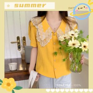 LKfashion ใหม่สุด - เสื้อผญคอกว้างคอวีแต่งกระดุมหน้า สวมใส่สบาย เสื้อคู่พื้นผ้า สีพื้นผ้า ผู้หญิง