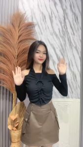 SHINE FASHION - KEZIA TOP COQUETTE KNIT / ATASAN HALTER SATU BAHU MANIS TSHIRT LENGAN PANJANG -