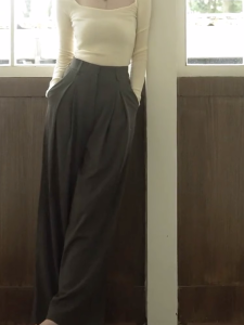 Deep Grey Wide Leg Suit Pants Womens High Waist Drapey Loose Straight Casual Trousers Korean Style Commute Spring New Arrival