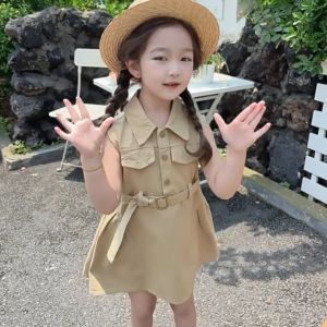 Korean Girls Dress Khaki Sleeveless Casual Dress For 2-7Y Kids Girl Clothes