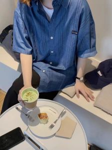 Retro Japanese Style Loose Casual Blue Striped Short Sleeve Shirt Women Thin Denim Top Polo Collar Regular Fit New 2025