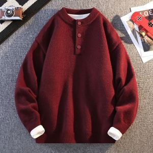 Red Thickened Knitted Sweater for Men round Neck Henry Collar Inner Wear Soft Nian Base Shirt Winter Season Solid Color