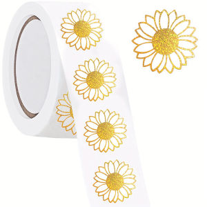 500 Pcs Foil Golden Sunflower Stickers Roll - Floral Round Labels for Scrapbooking Journals Planners Gift Wrapping Packaging