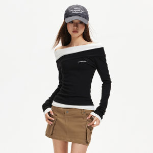 Apea | Off-Shoulder Illusion Two-Piece Colorblock Slim Waist Wrinkled Long Sleeve Knitted Top