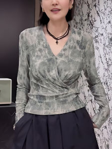 Elegant Unique Womens Long Sleeve T-Shirt V-Neck Rhinestone Fading Print Commute Style Spring Autumn New Arrival Top