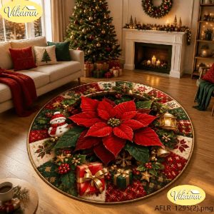 VIKAMA Christmas Round Rug 3D Christmas Tree Snowman Lantern Area Rug Living Room Holiday Home Decor Aesthetic Art Large Premium