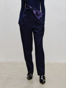 Summer Designer Pleated Style Navy Loose Wool Tapered Casual Pants