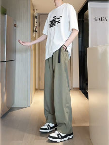 กางเกงลำลองชายผ้าไหมน้ำแข็งสีเขียวทหารทรงตรงแห้งเร็ว กางเกงขายาวทรงตรง กางเกงขายาวทรงตรง ฤดูร้อน 2025 แฟชั่น