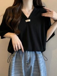 Loose Womens Short Sleeve T-shirt Korean Style Polo Collar Letter Print Drawstring Summer Top French Style Belly Cover