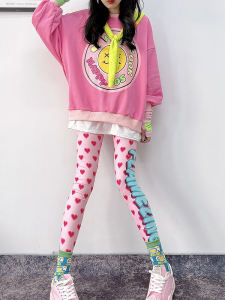 Womens Thin Stretchy Bottoms Spring Autumn Cute Pink Print Heart Letter Tight Pants Nine Point Elastic Polyester Blend Trousers