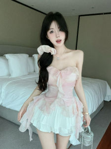 YANMANFENGQING | Ruffled and Ribboned Crop Top White Pleated Skirt Set
