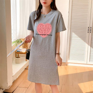 Summer 2024 Womens Loose Cotton T-Shirt Dress Knee-Length Over-Belly Print Casual Fashion Korean Style round Neck Short Sleeve