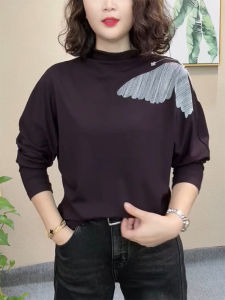 QINGNAER | Oversized Fashionable Butterfly Embroidery Half Turtleneck Blouse