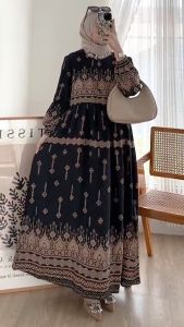 MOCA - Vioca Midi Dress Wanita Remaja Kekinian Rayon Premium Adem Motif Etnik Gamis Midi Cantik Lebaran 2024