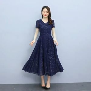 2026 Impression Fashion Women Elegant Korean Chiffon Printing V-neck Short Sleeve Tunic High Waist Big A-line Long Plus Size Dress