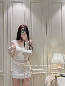 Moonlight Poem Pure Desire Color Diamond Hollow Lightweight Knitted Long Sleeve Lace Sun Protection Shirt with Denim Short Skirt