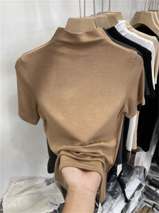 Elegant Half High Neck Soft Ribbed Short Sleeve T-Shirt Womens Early Autumn New Style Pure Color Versatile Base Shirt Trendy Top