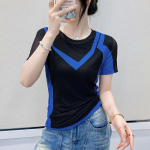 YIMEI เสื้อตาข่ายยิดขนาดใหญ่เสื้อแขนสั้นสำหรับหน้าร้อนเสื้อคอเสื้อยืดพิมพ์ลายกลมสวยงามสีตัดกันใหม่2025