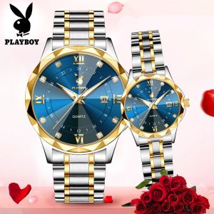 PLAYBOY Couple Fashion Watch Waterproof Luminous Calendar Rhombus Dial Luxury Diamond-encrusted Stainless Steel Quartz Watch Perfect as a Gift