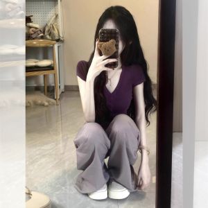 Áo Thun Nữ Tay Ngắn Cổ Chữ V Màu Tím Ngọt Ngào Cay Nồng Mùa Hè Dáng Ôm Vừa Vặn Thanh Lịch Ngắn Chất Liệu Cotton Phong Cách Hàn Quốc