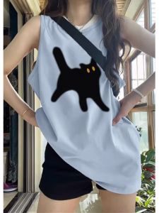 Pure Cotton Sleeveless Tank Top Womens Loose Hanging Neck Mid-Length Summer Outerwear T-Shirt Comfortable Breathable Cotton Vest