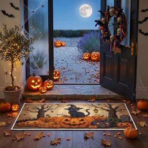 VIKAMA Halloween Thảm Hình Quả Bí Ngô Hình Mèo Đen Chống Trượt Thảm Chùi Chân Dài Thấm Hút Cho Lối Vào Hành Lang Phòng Tắm Phong Cách Hiện Đại Trang Trí Lễ Hội Tại Nhà