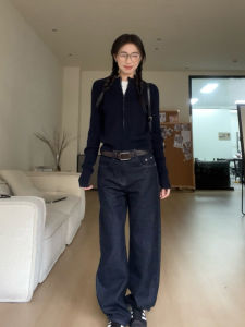 American Retro Wide Leg Denim Jeans Womens Autumn Non Fading Straight Tube Floor Length Pants Cotton Stretch Denim Blue