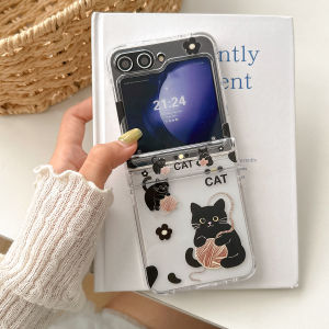 Cute Black cat Pattern Clear Hinge Case For Samsung Galaxy Z Flip 3 4 5 6 7 ZFlip6 3piece Set with Chain Lovely Back Phone Cover