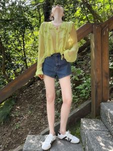 Green Silk Shirt Womens Unique Style Commute Fashion Loose Fit Long Sleeve round Neck Casual Shirt Not Matched with Others