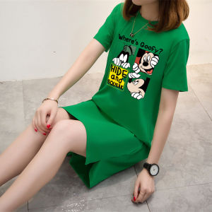 Pure Cotton Green Dress Female Summer Temperament Small Size Mid Length Long Length Short Sleeve Cartoon T-shirt Skirt 2024 New Arrival