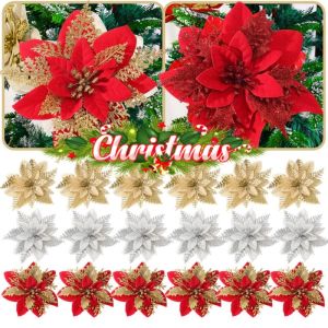 10Pcs Double Layered Gold Powder Wreath Christmas Artificial Flower Ornaments DIY Xmas Tree Home New Year Party Decoration Supplies
