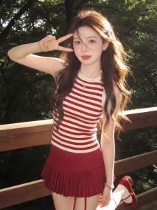 PEIXI | French Style High-end Red Striped Knitted Sleeveless Vest